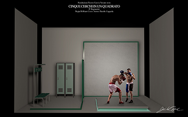 bozzetto della scenografia realizzati dallo scenografo e costumista Danilo Coppola per l'opera Cinque cerchi in un quadrato
